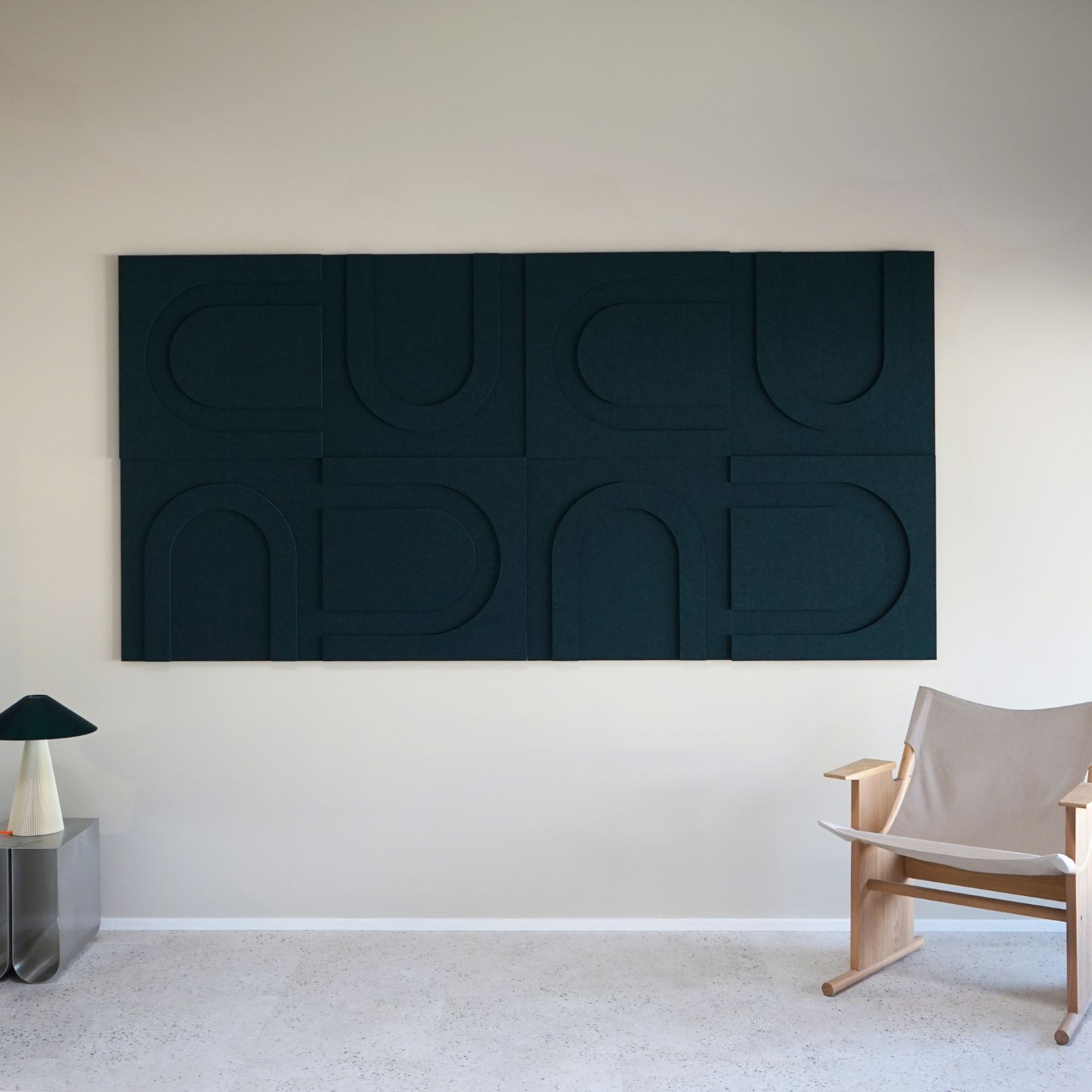 Dark green modern geometric acoustic panels from Arturel, offering a sleek blend of minimalist design and acoustic efficiency.