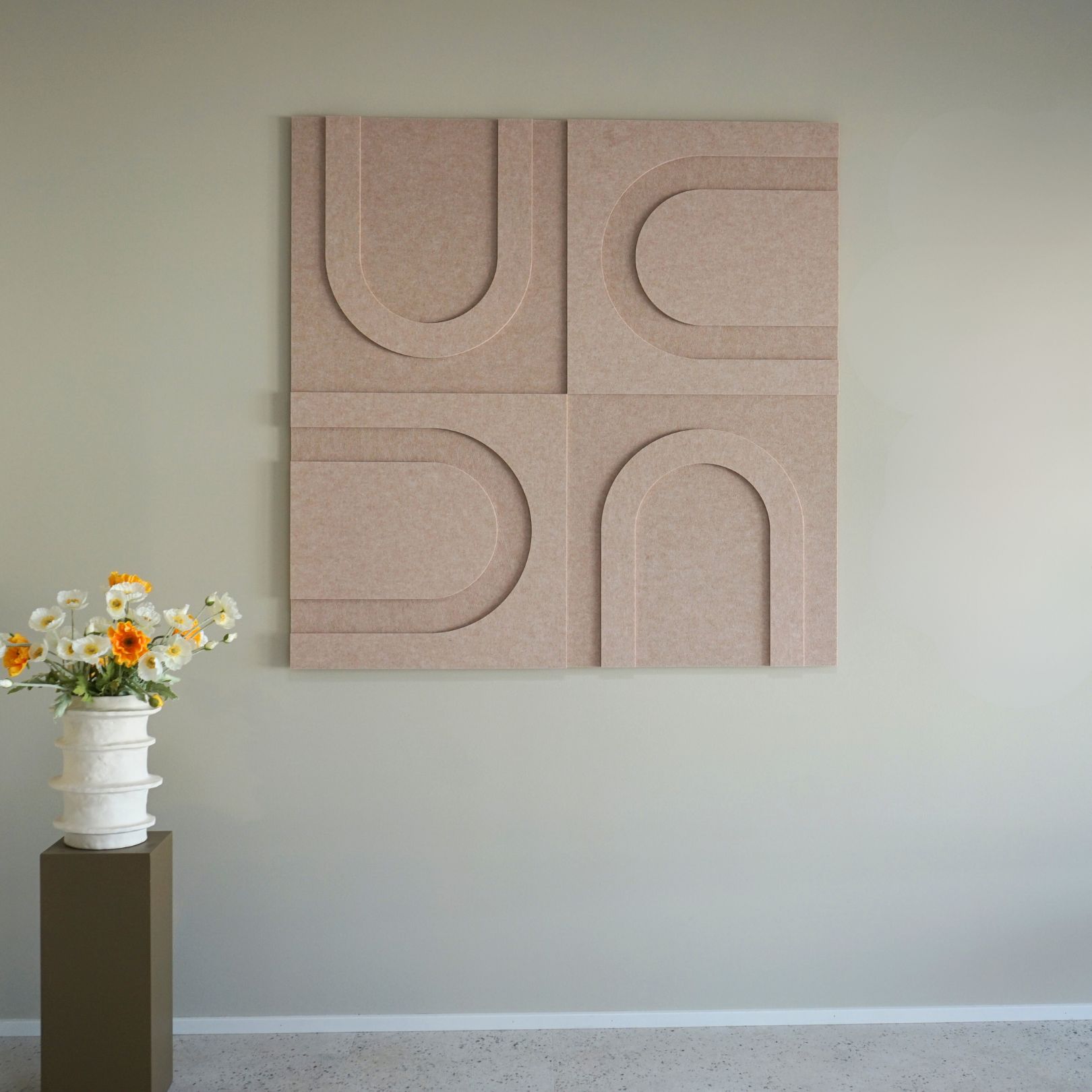 Beige geometric wall panels for sound absorption, featuring minimalist design from Arturel's acoustic art collection.